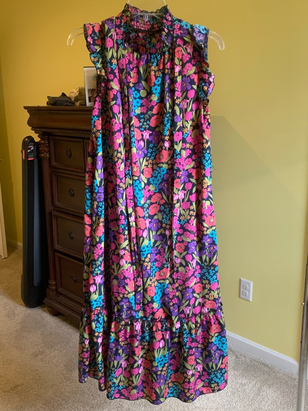 Vibrant Floral Ruffle High Neck Sleeveless Midi Dress Size Med Boho Cottagecore